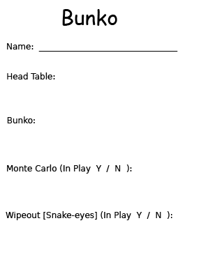 printable bunco cards