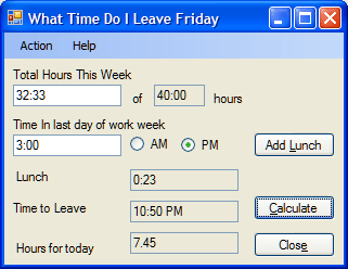 Main screen in use, after entering lunch and other information for my program, What Time Do I Leave Friday